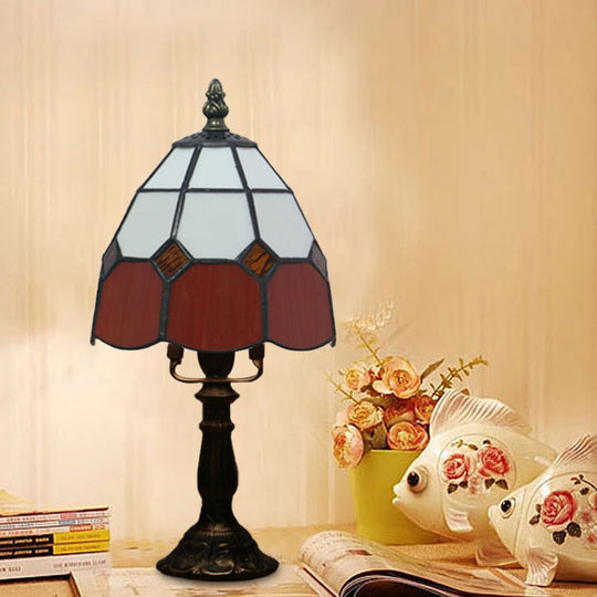Tiffany Style Cut Glass Grid Dome Nightlight - 1 Light Red/Pink Nightstand Lamp for Bedside