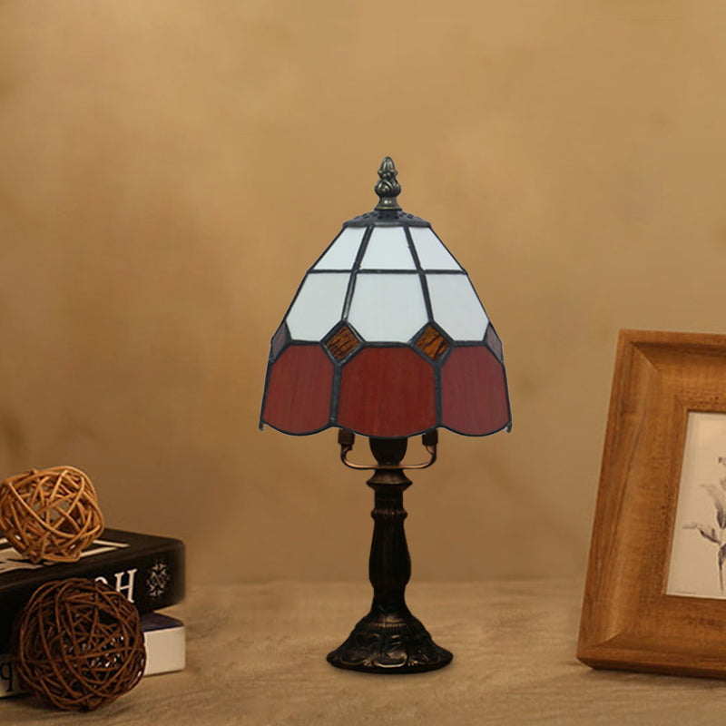 Tiffany Style Cut Glass Grid Dome Nightlight - 1 Light Red/Pink Nightstand Lamp for Bedside