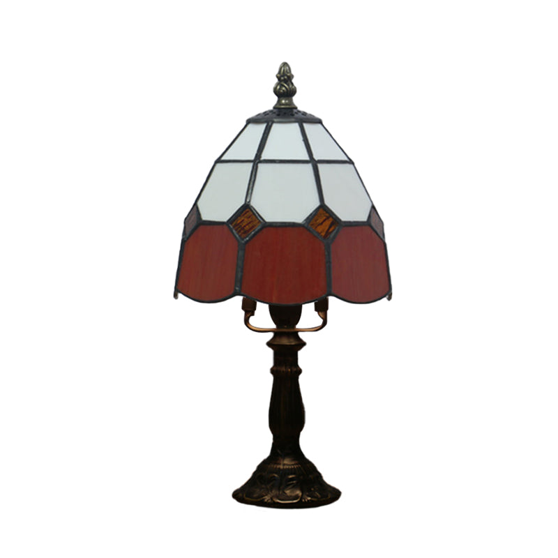 Tiffany Style Cut Glass Grid Dome Nightlight - 1 Light Red/Pink Nightstand Lamp for Bedside