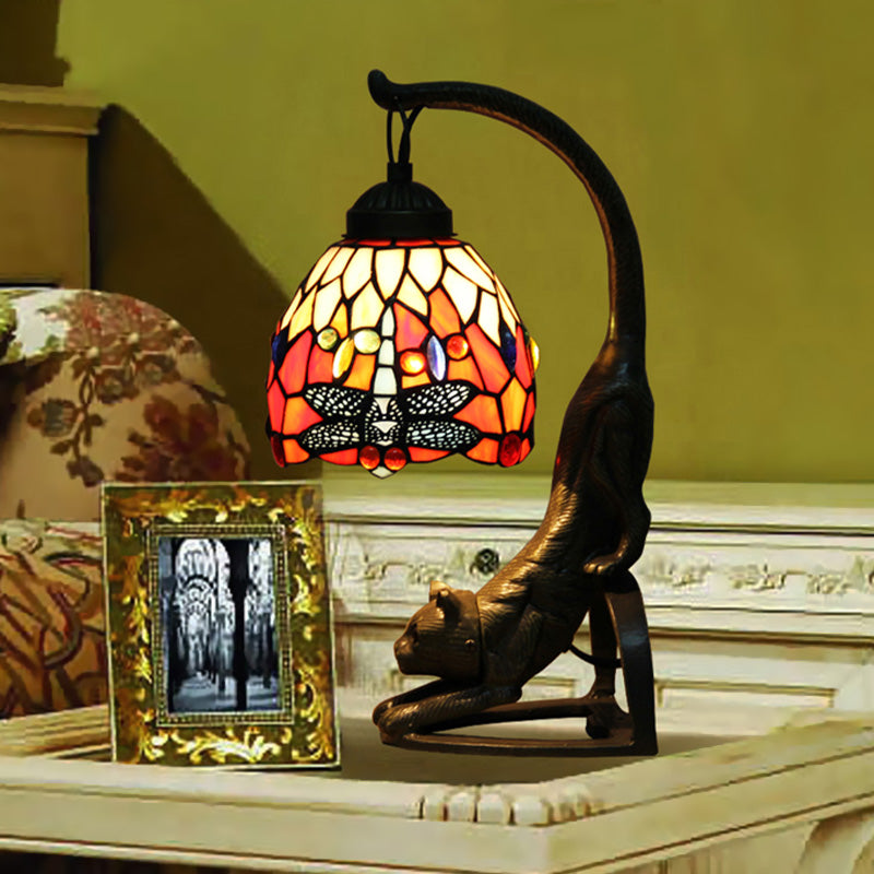 Tiffany Style Dragonfly Stained Glass Night Lamp with Cat-Shaped Base - Red/Green Table Lighting