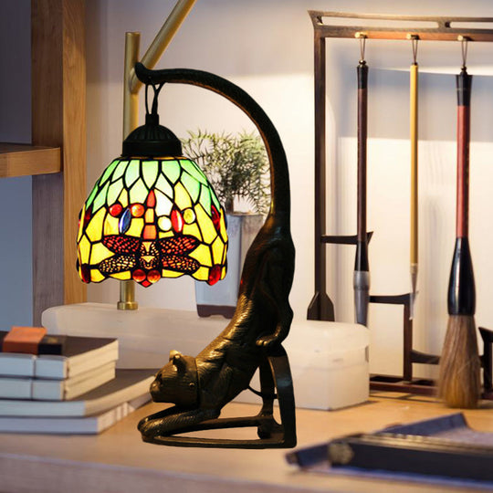 Tiffany Style Dragonfly Stained Glass Night Lamp with Cat-Shaped Base - Red/Green Table Lighting