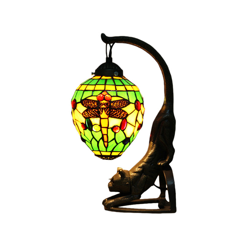 Baroque Style Dragonfly Desk Lamp with 1 Light - Red/Green Cat Table Light for Bedroom