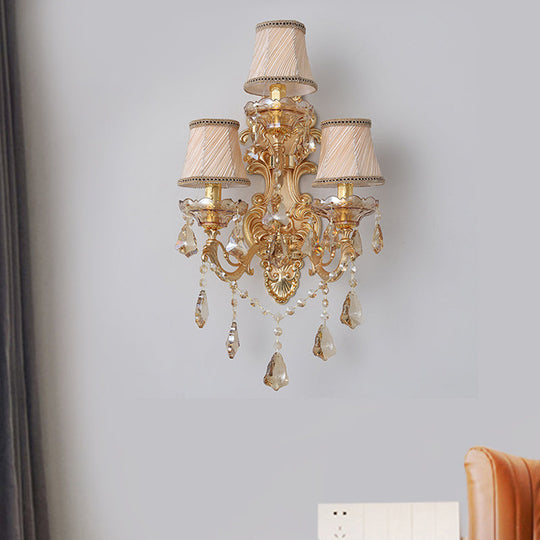 Classic 3-Light Bell Fabric Wall Sconce in Gold with Dangling Crystal - Perfect for Living Room décor