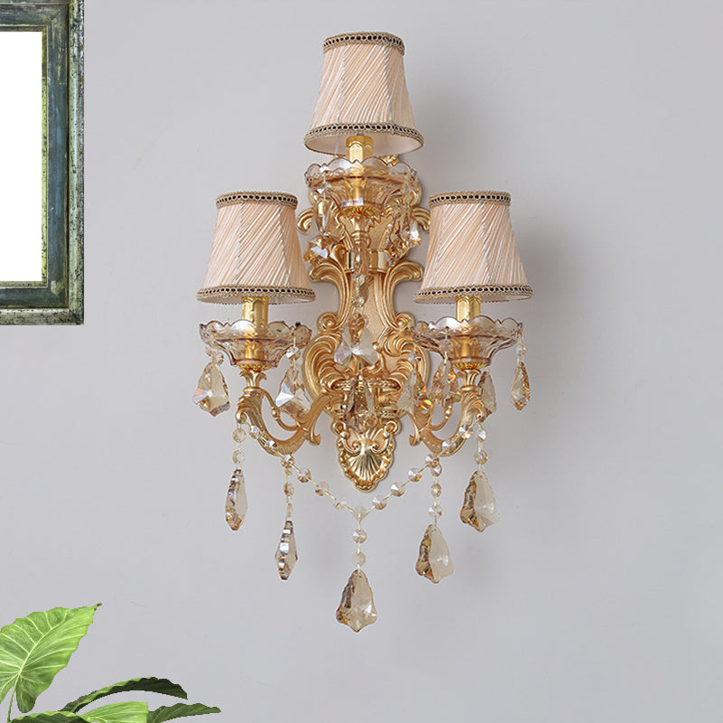 Classic 3-Light Bell Fabric Wall Sconce in Gold with Dangling Crystal - Perfect for Living Room décor