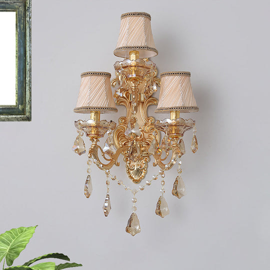 Classic 3-Light Bell Fabric Wall Sconce in Gold with Dangling Crystal - Perfect for Living Room décor