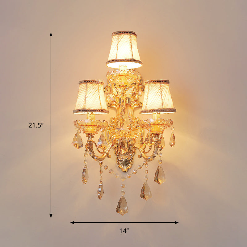 Classic 3-Light Bell Fabric Wall Sconce in Gold with Dangling Crystal - Perfect for Living Room décor