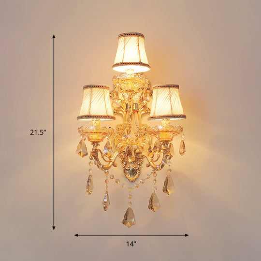 Classic 3-Light Bell Fabric Wall Sconce in Gold with Dangling Crystal - Perfect for Living Room décor
