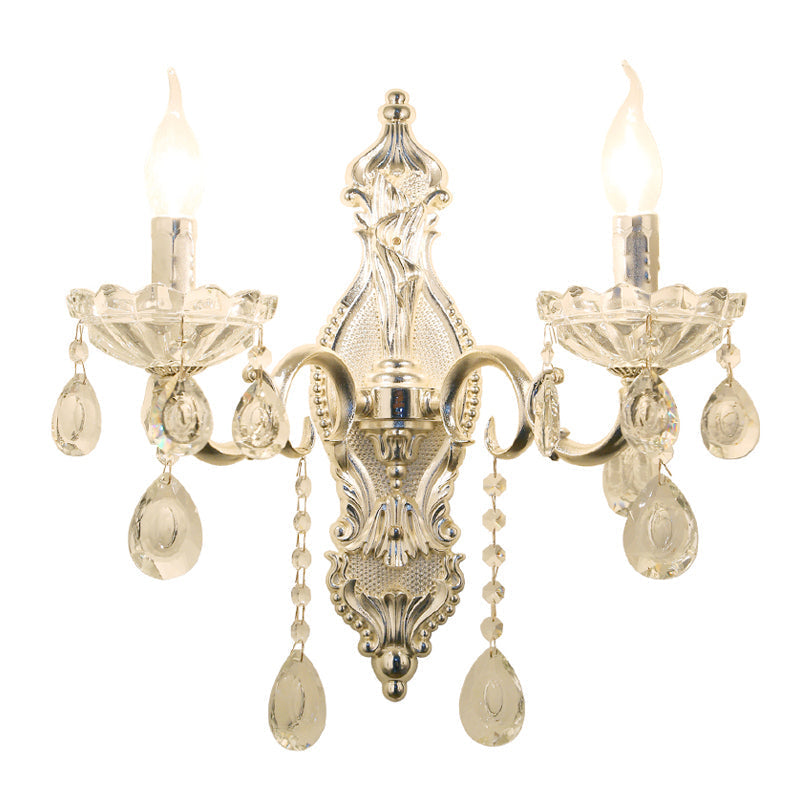 Traditional Silver Wall Lamp with 2 Light and Faceted Crystal Candelabra for Elegant Wall Mounting