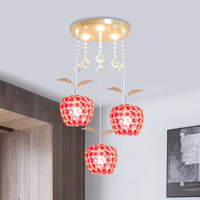 Modern Gold Suspension Lamp with Crystal-Encrusted Apple Pendant - 3-Light Design
