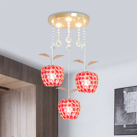 Modern Gold Suspension Lamp with Crystal-Encrusted Apple Pendant - 3-Light Design