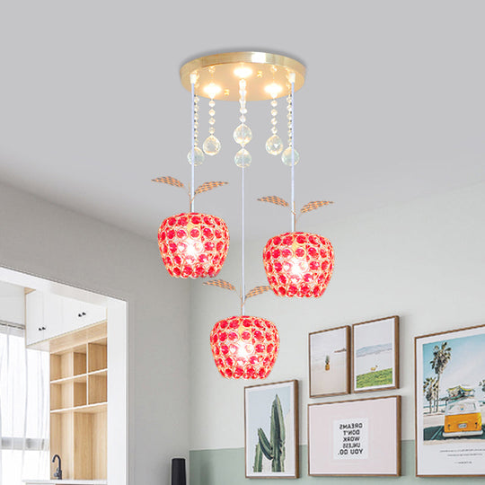 Modern Gold Suspension Lamp with Crystal-Encrusted Apple Pendant - 3-Light Design