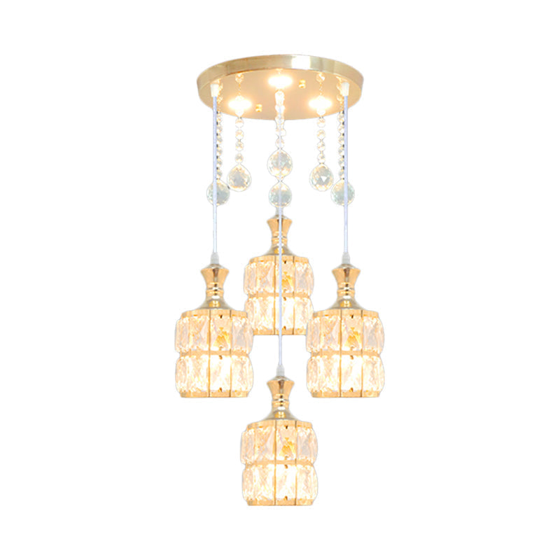 Modern Crystal Cylinder Pendant Light Fixture - Gold - 4-Bulb Hanging Lamp Kit