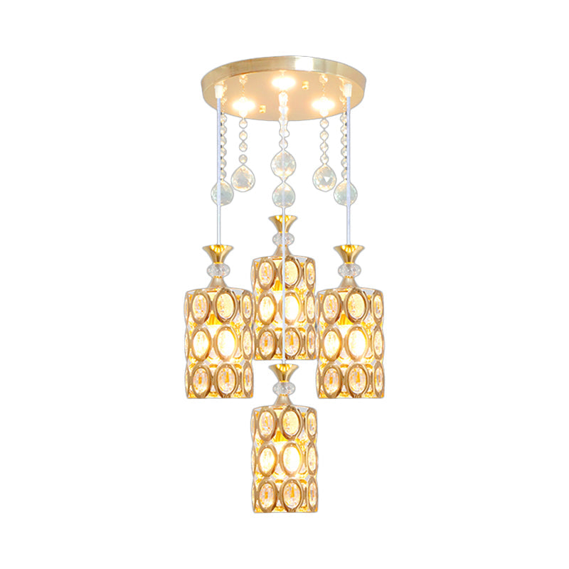 Modernist Crystal Encrusted 4-Light Pendant Ceiling Lamp in Gold