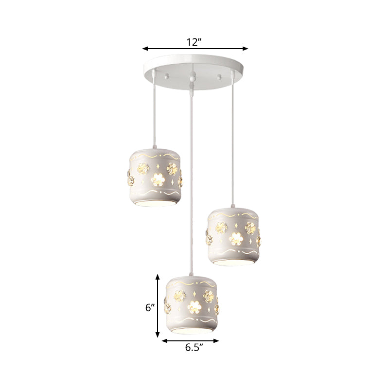 Iron Drum 3-Light Pendant Lamp Fixture - Modern White Ceiling Light with Flower Crystal Encrusted Design