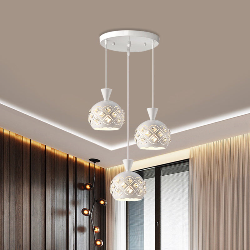 Modern Iron Domed Suspension Light with 3-Light Crystal Multi Ceiling Lamp in White