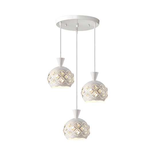 Modern Iron Domed Suspension Light with 3-Light Crystal Multi Ceiling Lamp in White