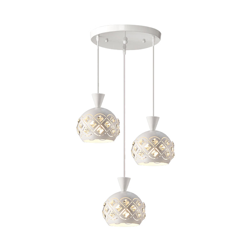 Modern Iron Domed Suspension Light with 3-Light Crystal Multi Ceiling Lamp in White