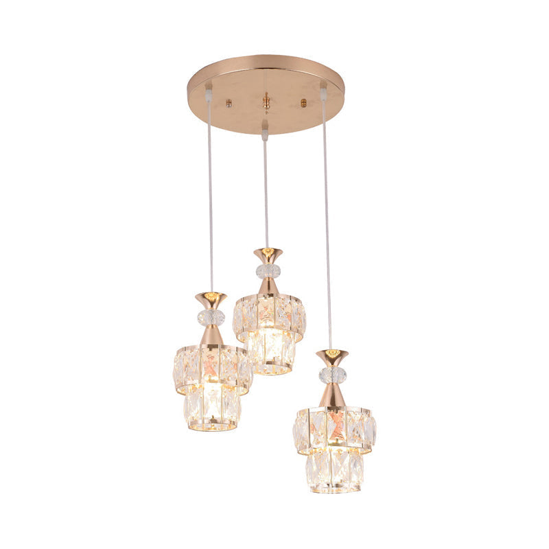 Modern Gold Cluster Light Pendant with Beveled Crystal Blocks - 2 Layers, 3-Head Hanging Lamp Kit