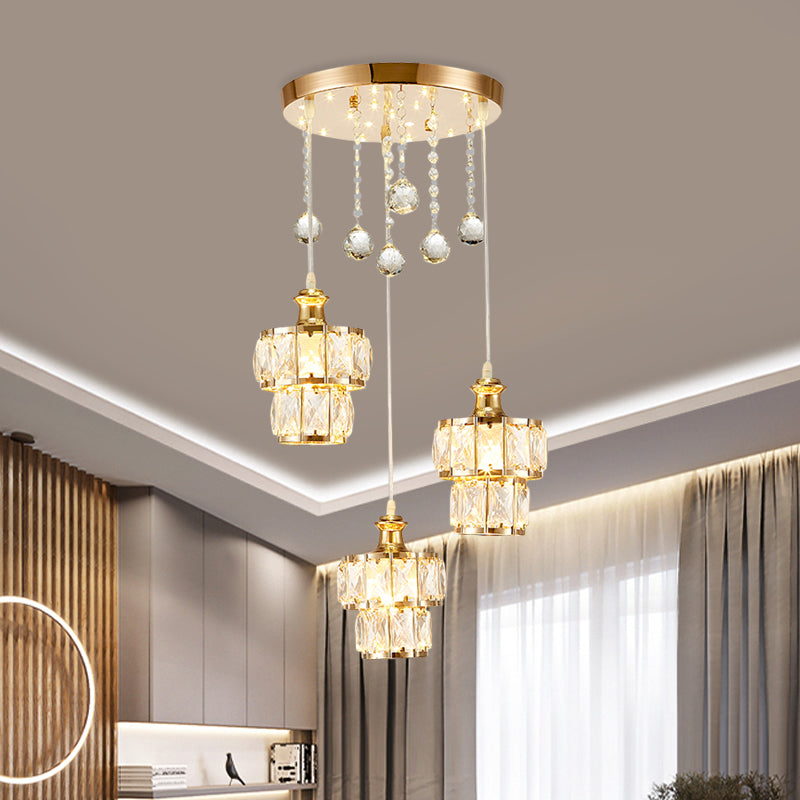 Minimalist 2-Tier Gold Pendant Light with Faceted Crystal Blocks, 3-Bulb Design & Droplet Accents