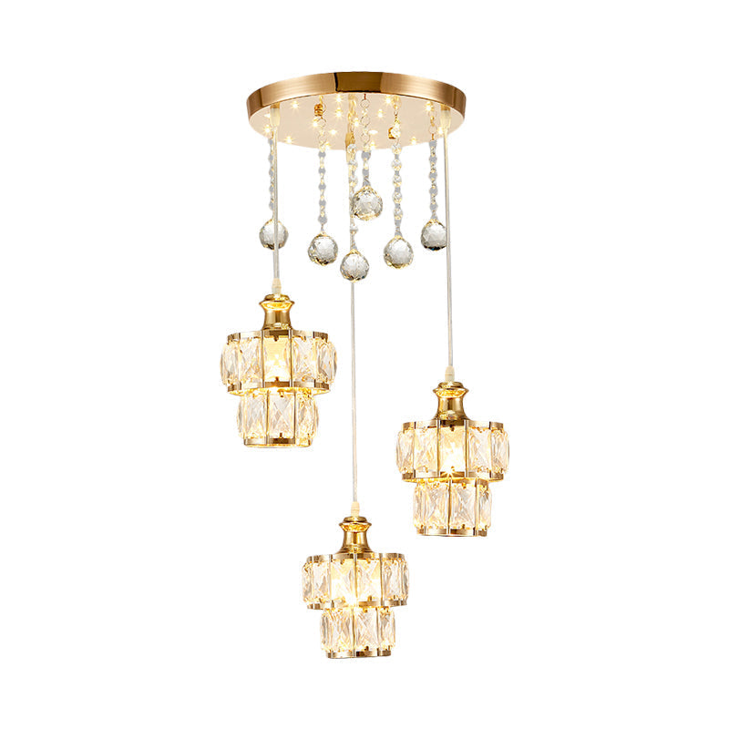 Minimalist 2-Tier Gold Pendant Light with Faceted Crystal Blocks, 3-Bulb Design & Droplet Accents
