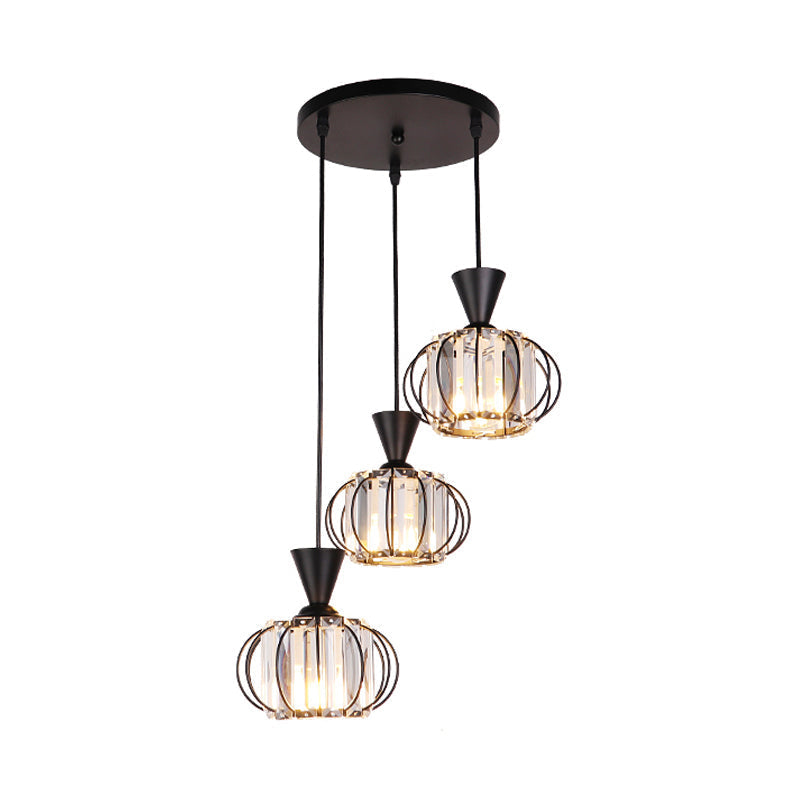 Modern Iron Ellipse Cage Ceiling Lamp with Crystal Prisms Shade - Black Finish, 3-Bulb Pendant