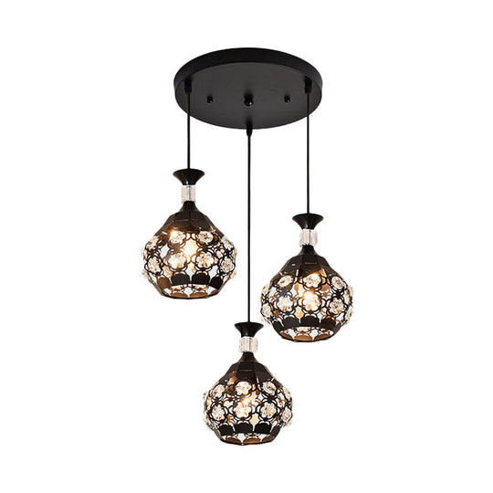 Modern Black Hollow Floret Pendant with Crystal Embellishments - 3 Lights Suspension Lamp