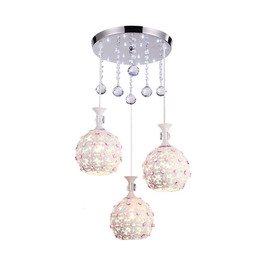 Contemporary 3-Head White Floret Pendulum Light Pendant with Crystal Droplet Accent