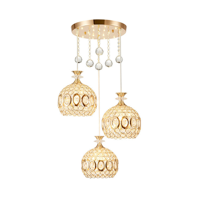 Modern Crystal Dome Pendant Light with 3 Bulbs, Gold Finish
