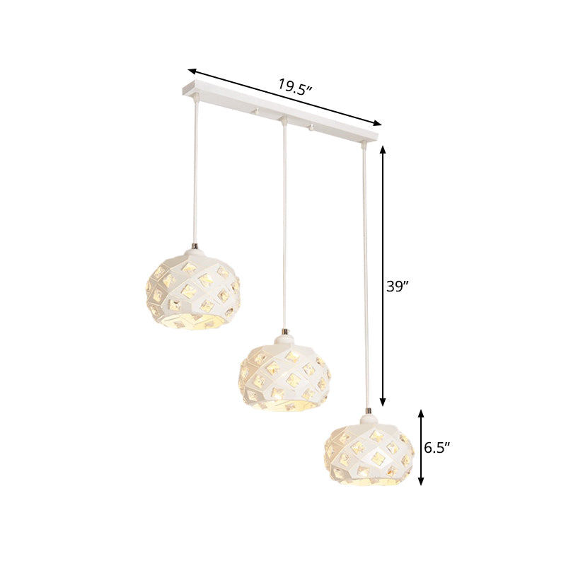 Modernist Iron Drum Multiple Hanging Lamp with Down Lighting - White Finish, Crystal Accents, 3 Lights
