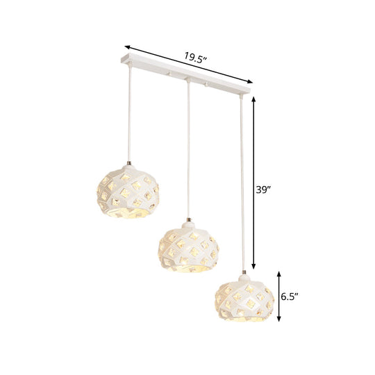 Modernist Iron Drum Multiple Hanging Lamp with Down Lighting - White Finish, Crystal Accents, 3 Lights