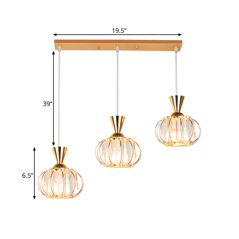 Modern Gold Oval Cage Suspension Light with Crystal Prisms - 3-Head Multi-Hanging Lamp