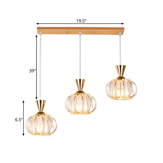 Modern Gold Oval Cage Suspension Light with Crystal Prisms - 3-Head Multi-Hanging Lamp