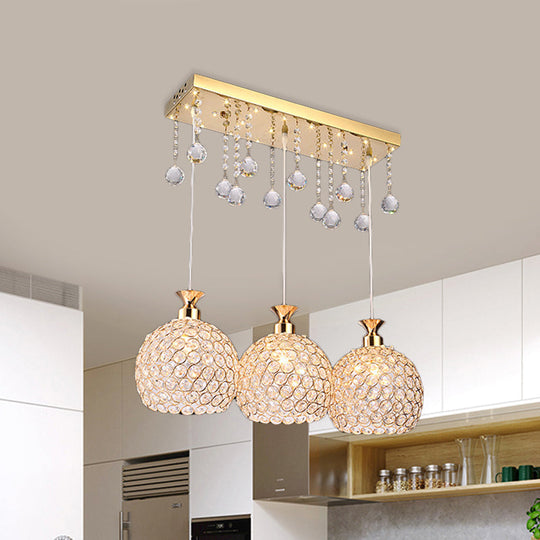 Contemporary Multi-Pendant Hanging Light with Crystal Encrusted Balls - 3 Bulbs, Gold Finish