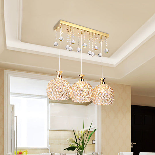 Contemporary Multi-Pendant Hanging Light with Crystal Encrusted Balls - 3 Bulbs, Gold Finish