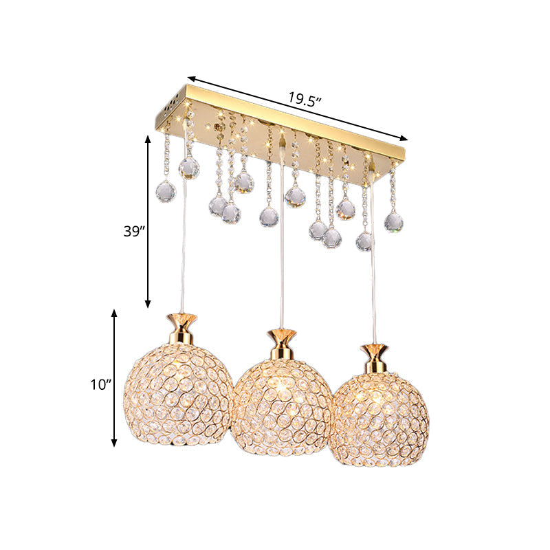 Contemporary Multi-Pendant Hanging Light with Crystal Encrusted Balls - 3 Bulbs, Gold Finish