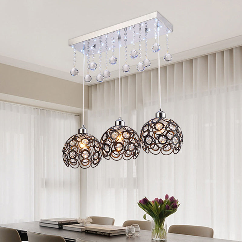 Minimal 3-Head Black Pendant Light with Crystal Embellishments and Global Suspension
