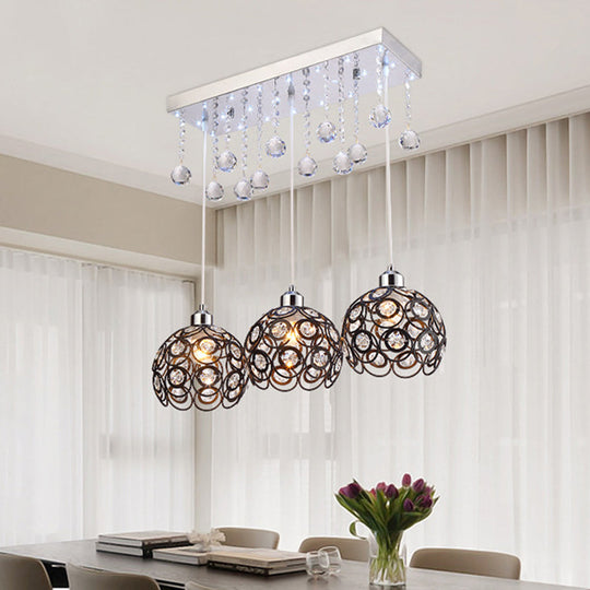 Minimal 3-Head Black Pendant Light with Crystal Embellishments and Global Suspension