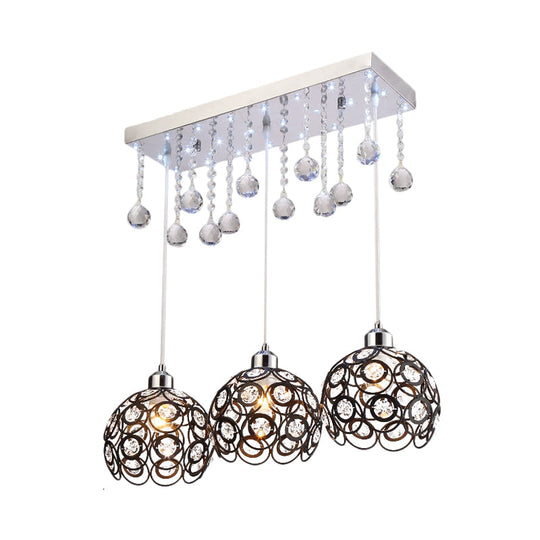 Minimal 3-Head Black Pendant Light with Crystal Embellishments and Global Suspension