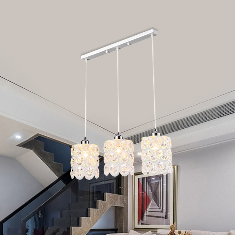 Contemporary Crystal-Encrusted Domed Pendulum Cluster Pendant Light with 3-Bulb White Finish