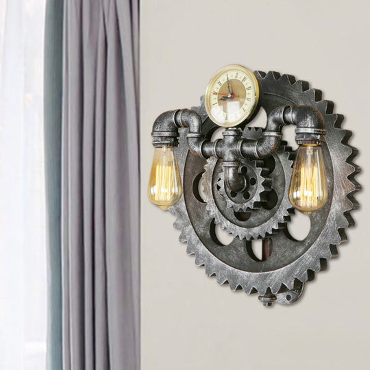 Industrial 2-Light Wrought Iron Wall Sconce - Exposed Bulb Wall Lighting in Aged Silver for Living Room