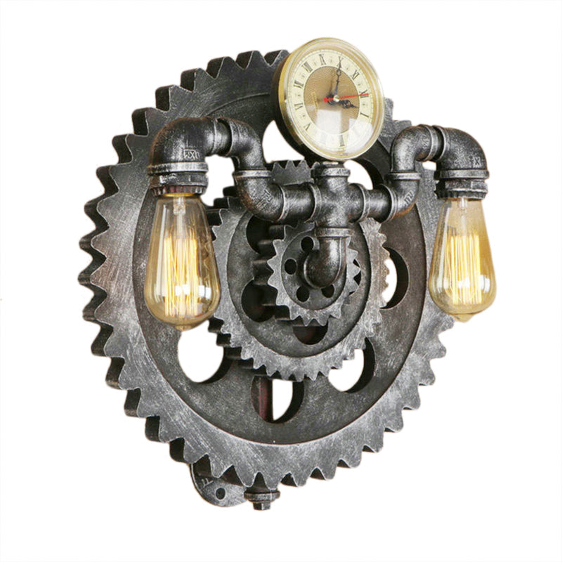 Industrial 2-Light Wrought Iron Wall Sconce - Exposed Bulb Wall Lighting in Aged Silver for Living Room