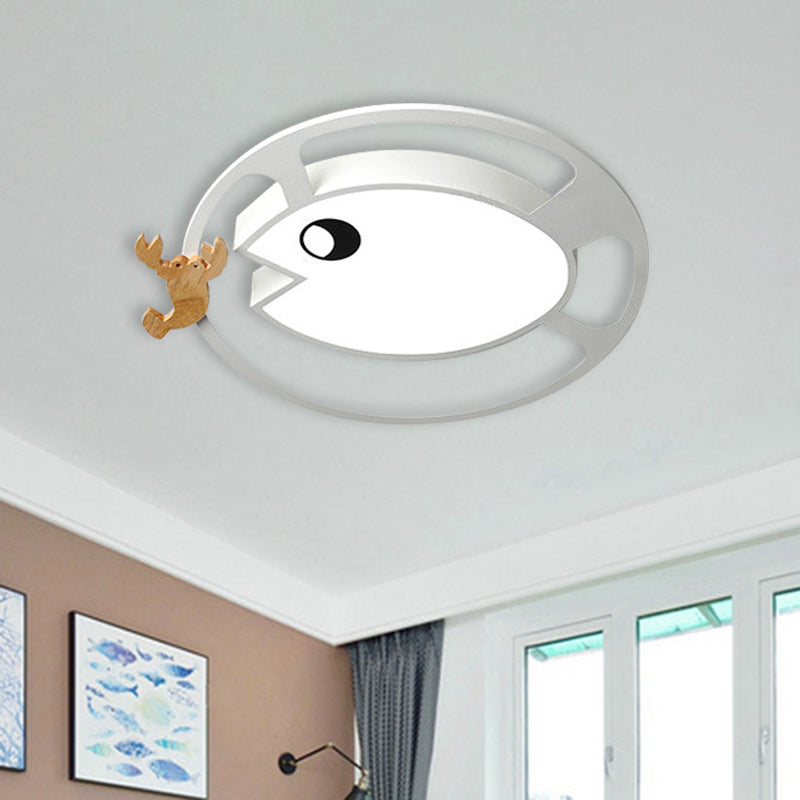 Kids Circular Acrylic Ceiling Light: Grey/White/Green LED Flush Mount Lamp with Wood Shrimp Decor for Nursery