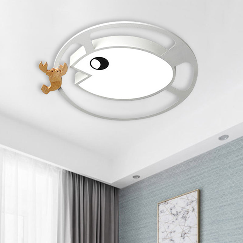 Kids Circular Acrylic Ceiling Light: Grey/White/Green LED Flush Mount Lamp with Wood Shrimp Decor for Nursery