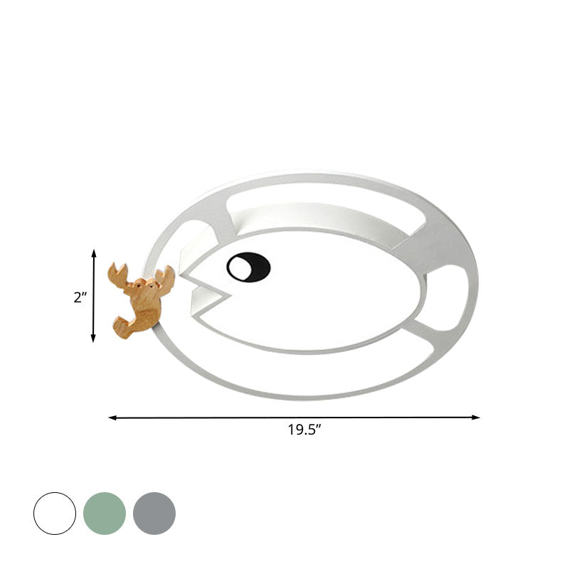 Kids Circular Acrylic Ceiling Light: Grey/White/Green LED Flush Mount Lamp with Wood Shrimp Decor for Nursery
