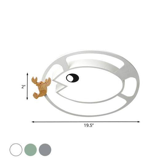 Kids Circular Acrylic Ceiling Light: Grey/White/Green LED Flush Mount Lamp with Wood Shrimp Decor for Nursery