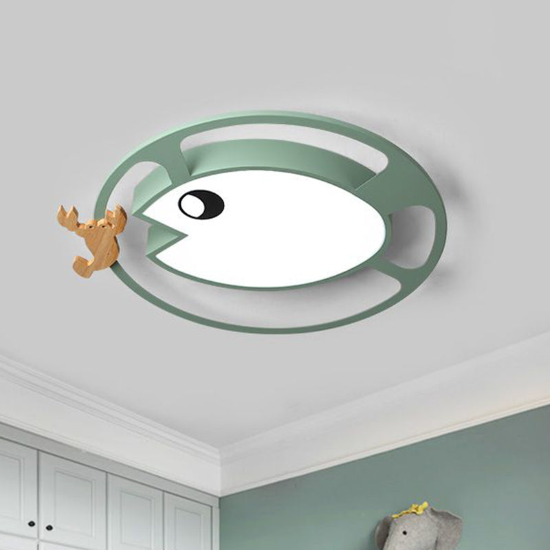 Kids Circular Acrylic Ceiling Light: Grey/White/Green LED Flush Mount Lamp with Wood Shrimp Decor for Nursery