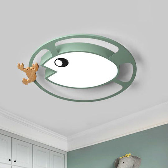 Kids Circular Acrylic Ceiling Light: Grey/White/Green LED Flush Mount Lamp with Wood Shrimp Decor for Nursery