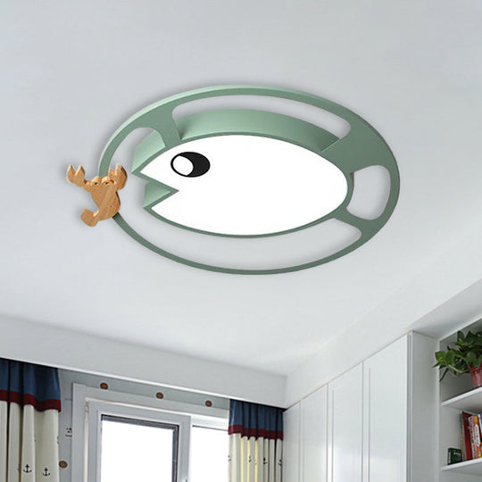 Kids Circular Acrylic Ceiling Light: Grey/White/Green LED Flush Mount Lamp with Wood Shrimp Decor for Nursery