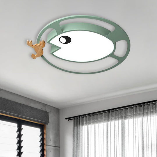 Kids Circular Acrylic Ceiling Light: Grey/White/Green LED Flush Mount Lamp with Wood Shrimp Decor for Nursery