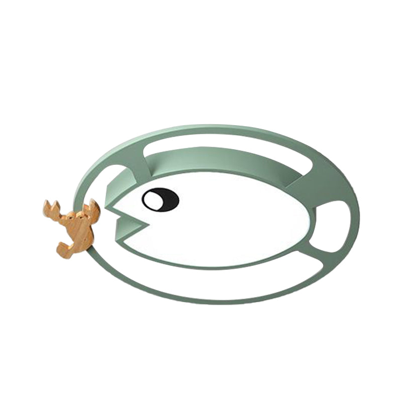 Kids Circular Acrylic Ceiling Light: Grey/White/Green LED Flush Mount Lamp with Wood Shrimp Decor for Nursery